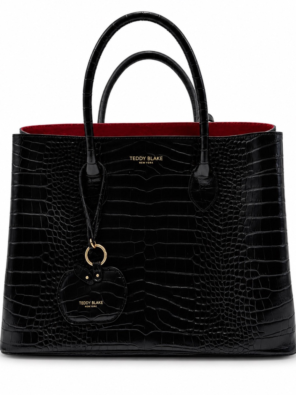 Teddy Blake Vanessa Croco 14” Black Croc-Embossed Leather Tote Red Lining